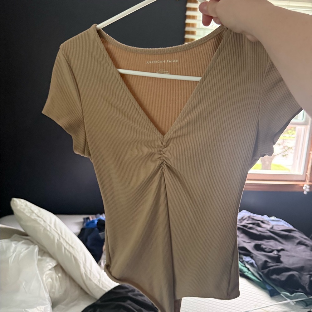 American Eagle Outfitters Beige Ruched V-Neck Blouse
